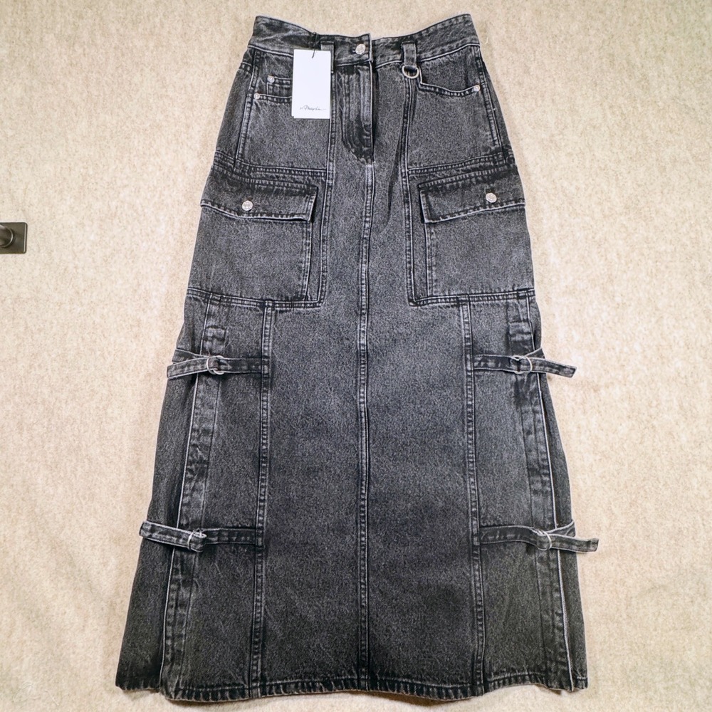 3.1 Phillip Lim Skirt Womens 0 Black Acid Wash Cotton Denim Cargo Maxi Utility